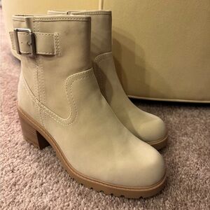 Buckle Cream Ankle Booties with Lug Sole